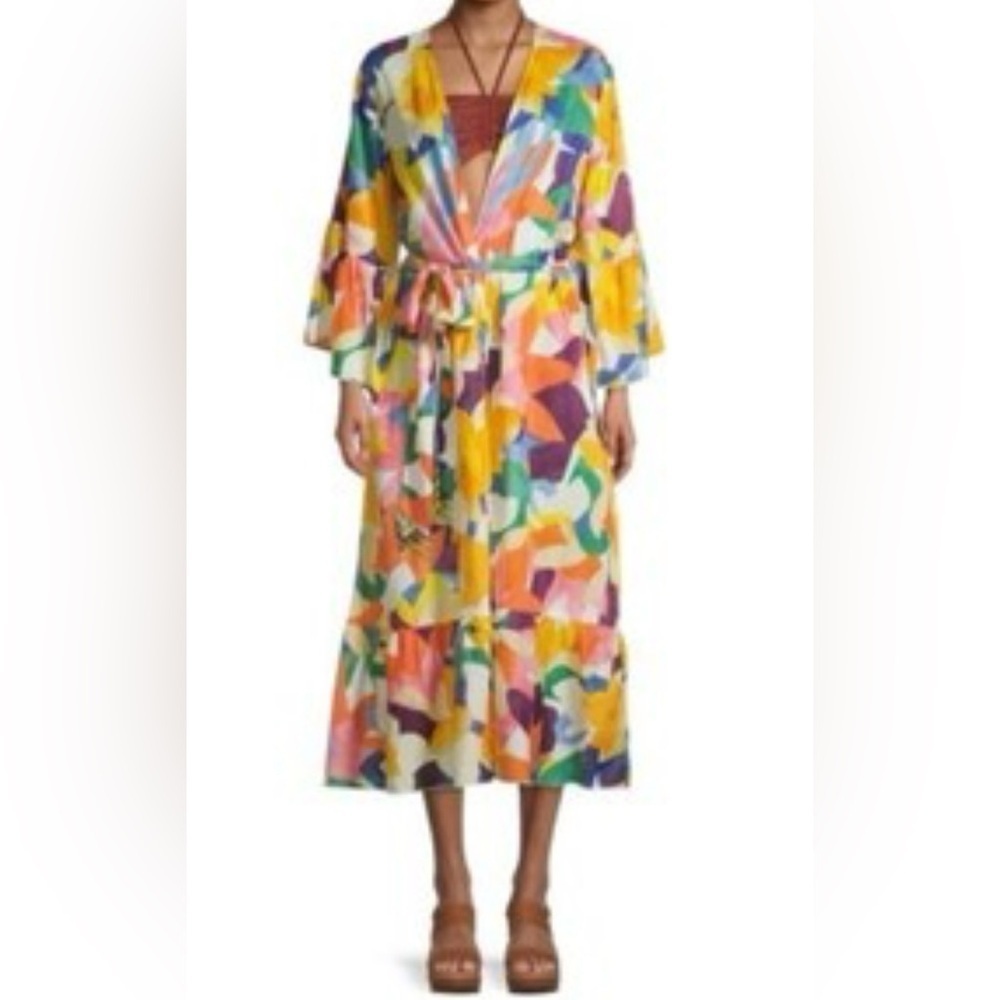 NWT True Destinations Swim Cover Up Dress Sz M Floral Beaded Belt Tiered Ruffle